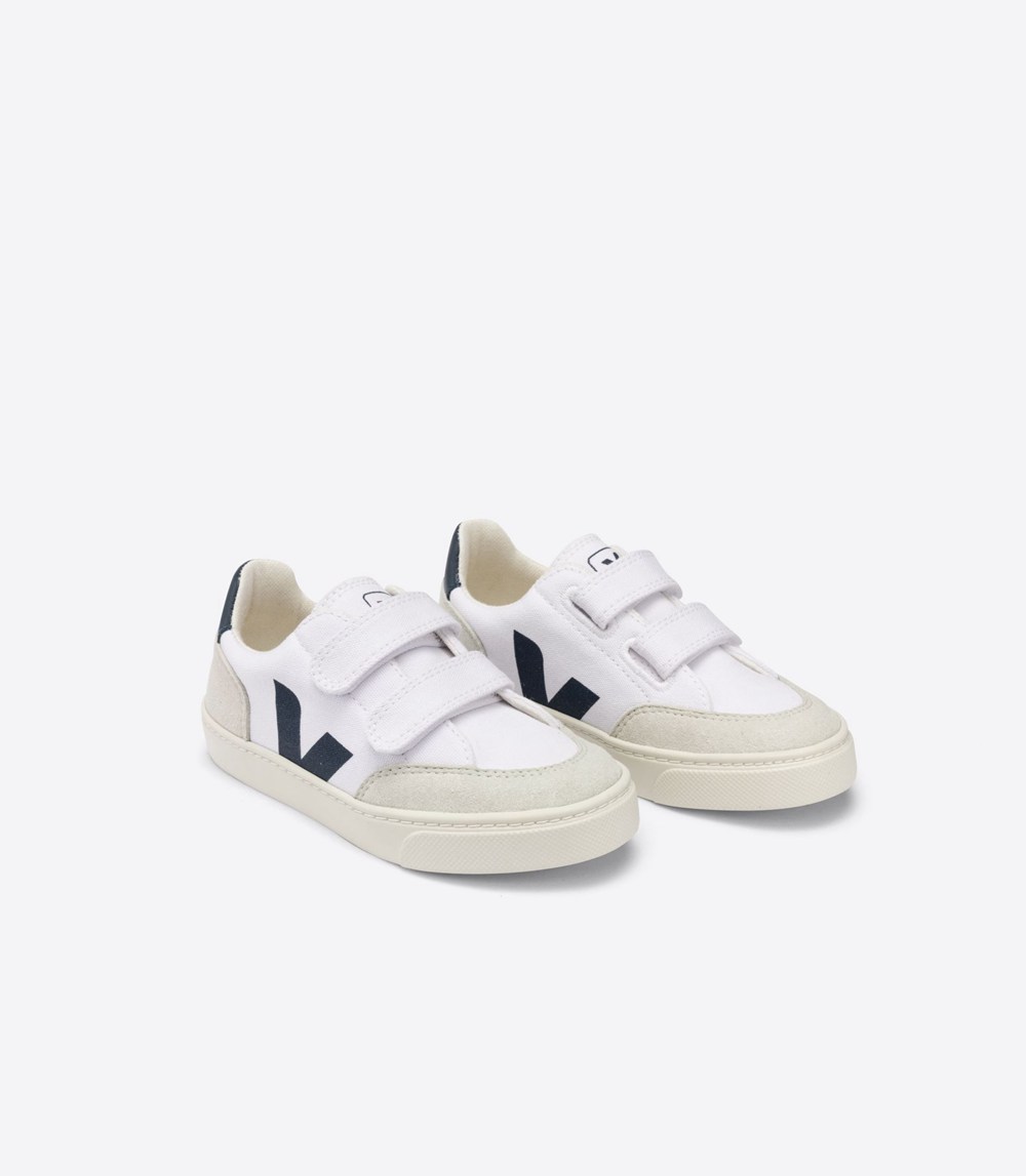 Tenis Veja Niños - V-12 Velcro Lona - Blancos/Beige - 846QEUNTP